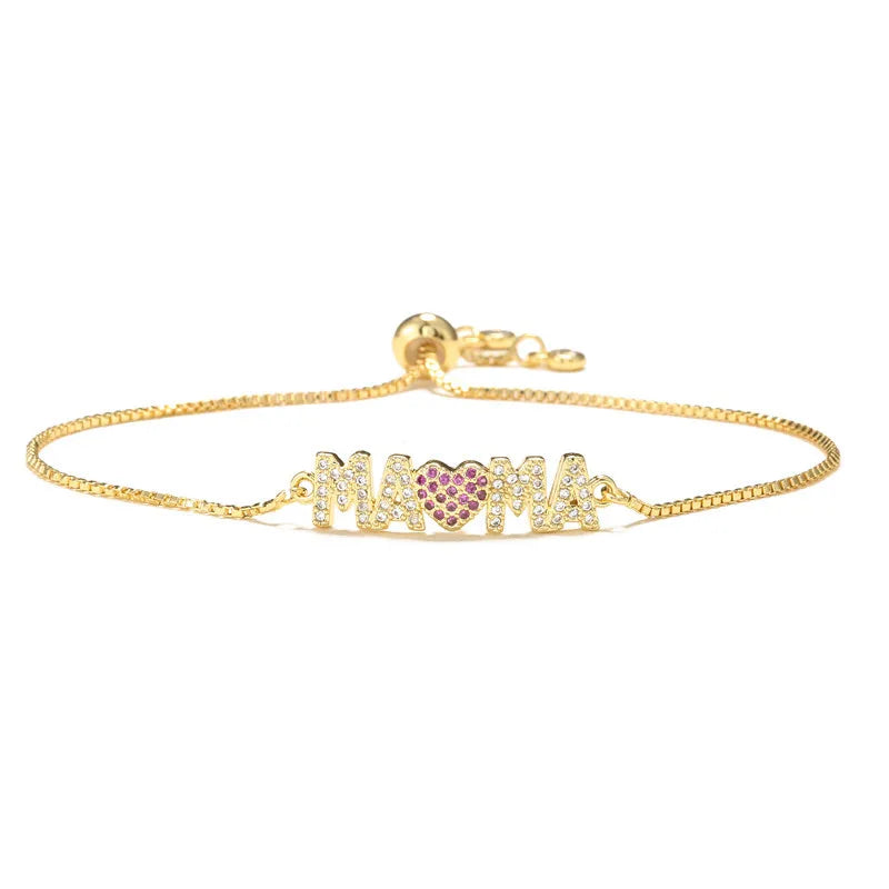 Fashion Gold Color "Mama" Charm Bracelets For Women Girl Adjustable Chain Length Luxury CZ Jewelry Gift For Mom Vera Lux