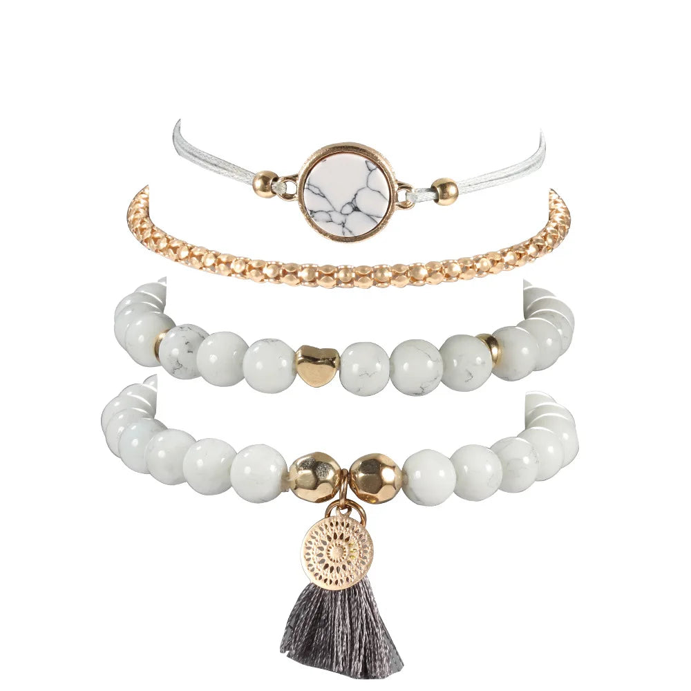 4pcs/Set Bohemian Stone beads chains bracelets Set For Women Metal Heart Round Tassel charm Bangle Fashion Jewelry Vera Lux