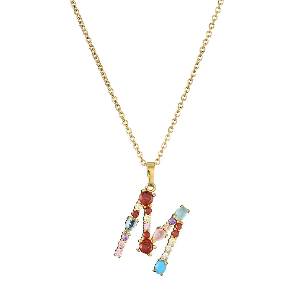 2024 New Hot Colourful Crystal AAA CZ 26 Capital Letters Pendant Necklace For Women Girl Gold Color Copper Initial Name Jewelry Vera Lux