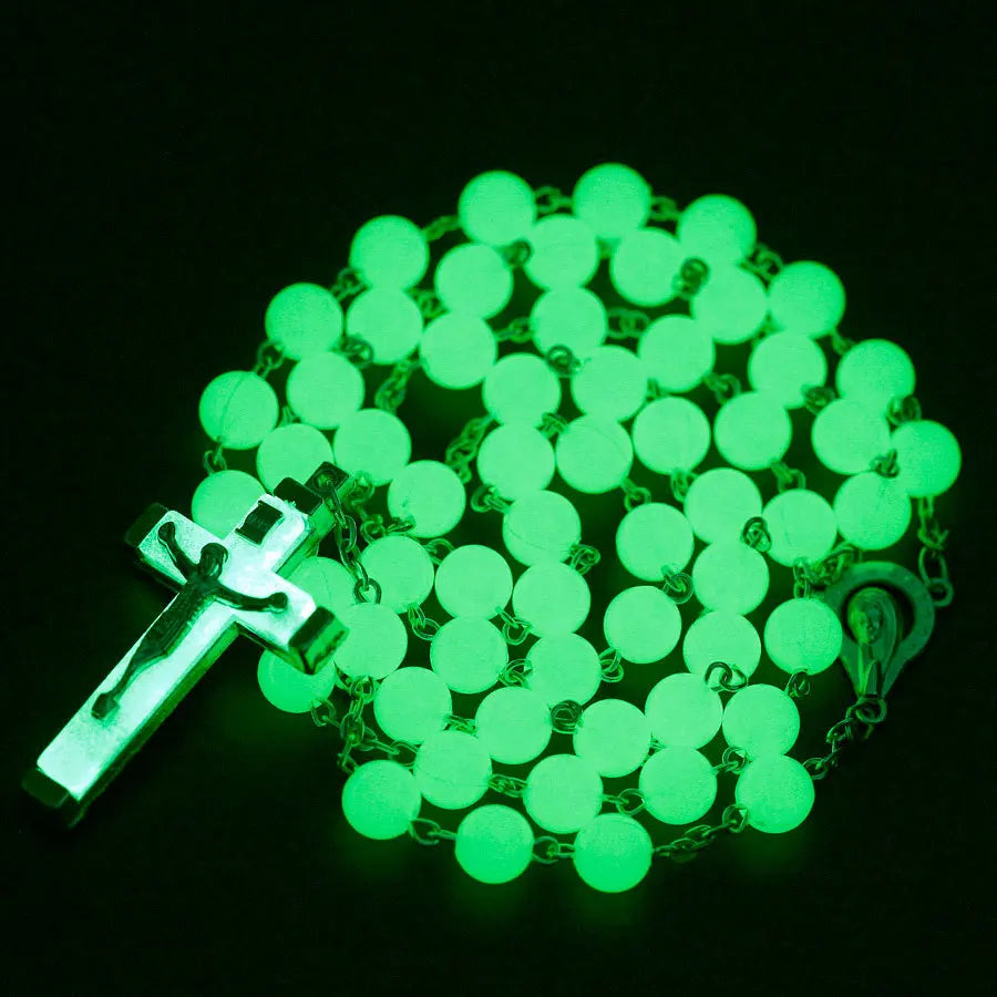 8MM Glow In The Dark Rosary Bead Chain Necklaces For Women INRI Crucifix Cross Pendant luminous Necklace Religious Jewelry Vera Lux