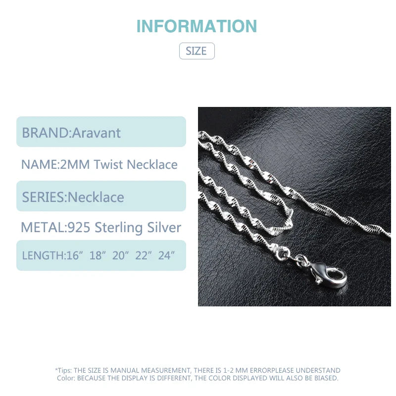 Aravant 925 Silver 2MM Twisted Water Wave Chain Link Necklaces For Women Girls Jewelry Vera Lux