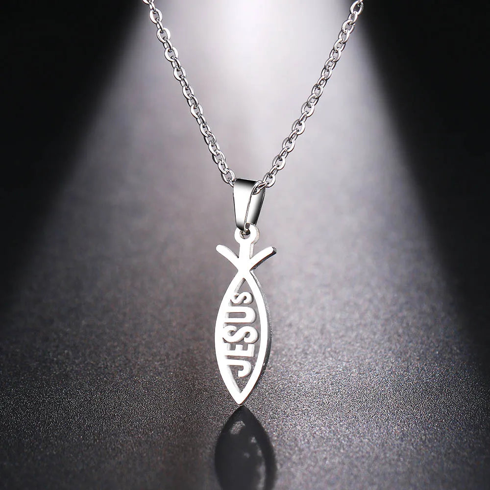 DOTIFI  Stainless Steel Necklace For Women Man Lover's Sharp Jesus Fish Shape Color Pendant Necklace Engagement Jewelry Vera Lux