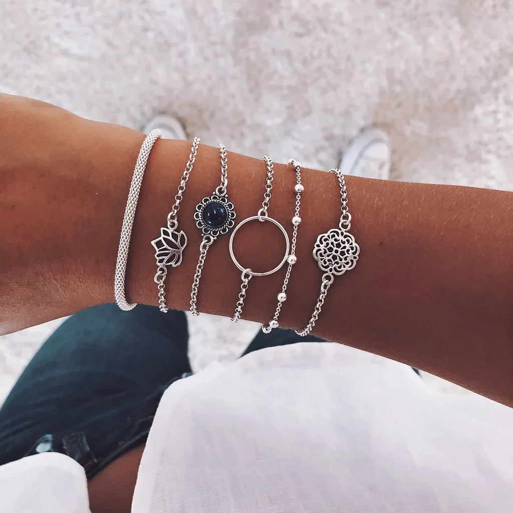 Fashion Geometric Stone Charm Bracelet Set For Women Retro Silver Color Moon Wrist Chain Open Bangle Lady Trendy Boho Jewelry Vera Lux