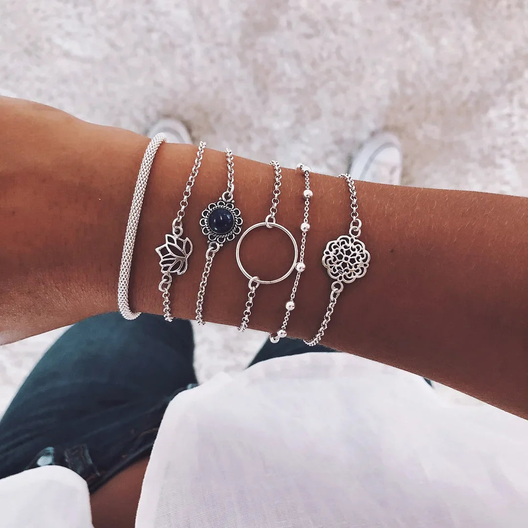 Fashion Geometric Stone Charm Bracelet Set For Women Retro Silver Color Moon Wrist Chain Open Bangle Lady Trendy Boho Jewelry Vera Lux