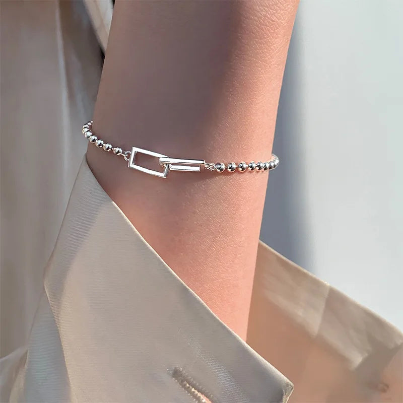 VENTFILLE 925 Sterling Silver Geometric Square Round Bead Bracelet For Women Personality Temperament Simple Hand Jewelry Party Vera Lux
