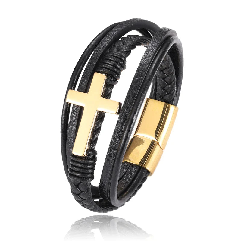 Boho Personalized Men's Family Name Bracelet Black Cross Woven Leather With Stainless Steel Charm Bracelet Custom Name Jewelry Vera Lux