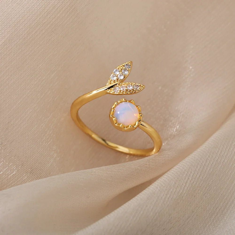 Fashion Leaves Opal Rings For Women Stainless Steel Opal Crystal Stone Leaves Finger Ring Engagement Bohemian Jewelry Gift Vera Lux