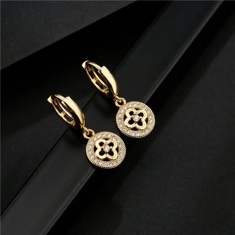 NEWBUY Fashion Gold Color Copper Plant Earrings Luxury Cubic Zirconia Flower Dangle Earring Hot Sale Female Party Jewelry Gift Vera Lux