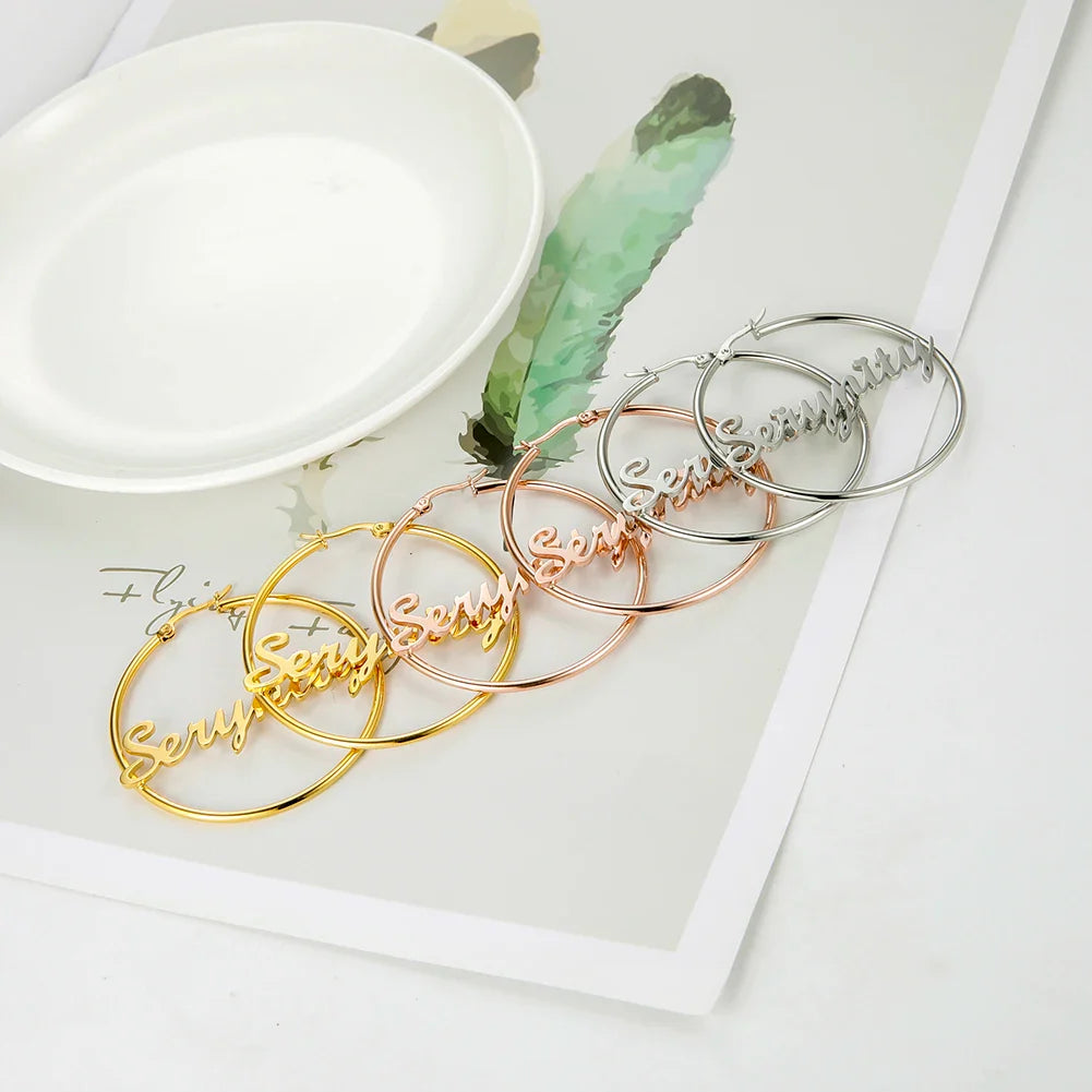 Sipuris Stainless Steel Personalized Customize Name Hoop Earrings Jewelry For Women Girls Circle Earring Fashion 30-60 MM Vera Lux