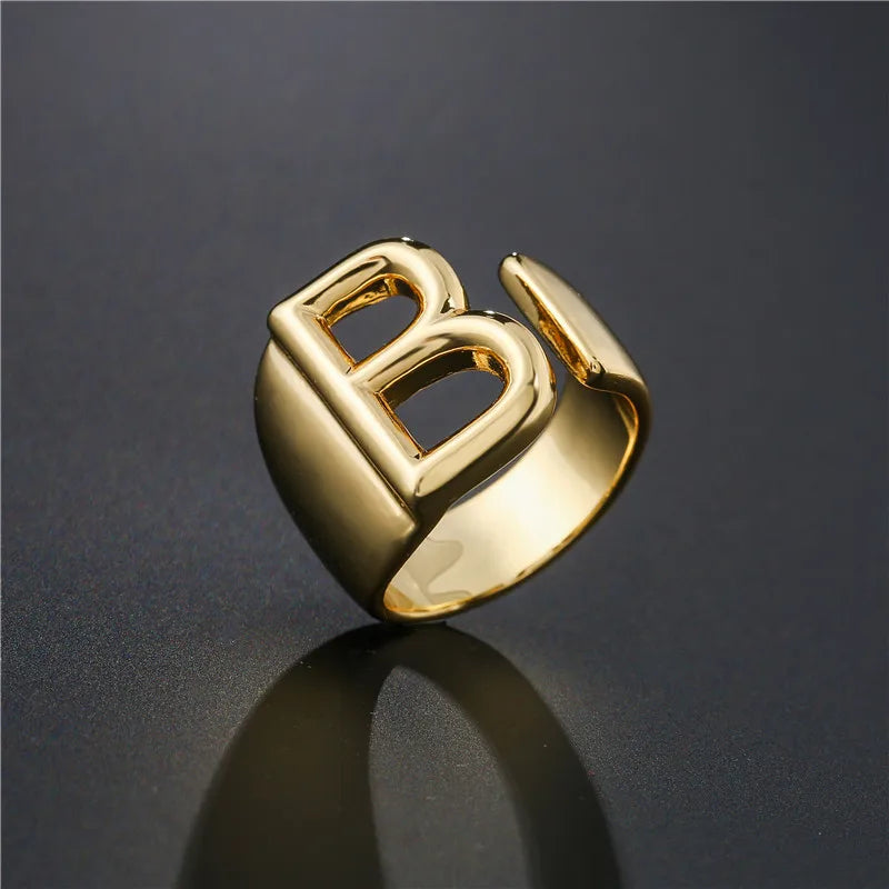 Hollow A-Z Letter Gold Color Metal Adjustable Opening Ring Initials Name Alphabet Female Party Chunky Wide Trendy Jewelry Vera Lux