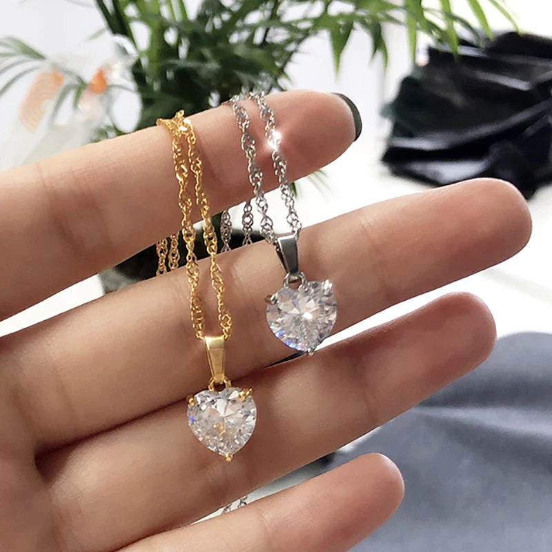 Heart Necklaces For Women Stainless Steel Gold Plated Chain Zircon Heart Pendant Choker Necklace Wedding Boho Jewelry Gift Femme Vera Lux