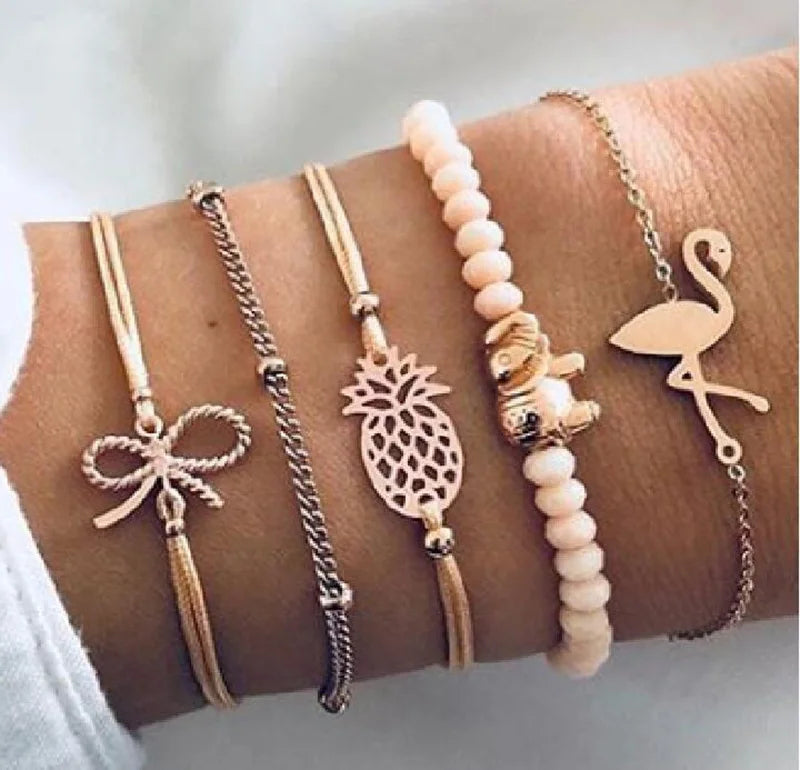 4pcs/Set Bohemian Stone beads chains bracelets Set For Women Metal Heart Round Tassel charm Bangle Fashion Jewelry Vera Lux