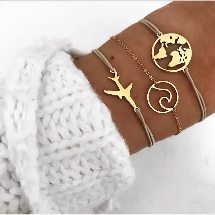 4pcs/Set Bohemian Stone beads chains bracelets Set For Women Metal Heart Round Tassel charm Bangle Fashion Jewelry Vera Lux