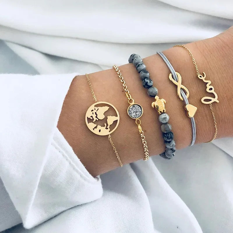 4pcs/Set Bohemian Stone beads chains bracelets Set For Women Metal Heart Round Tassel charm Bangle Fashion Jewelry Vera Lux