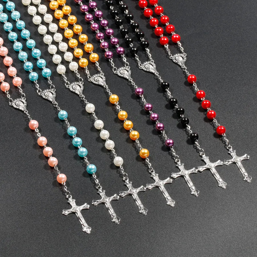 Religion Christian Faux pearl Rosary necklace For Women Virgin Mary Jesus Cross pendant Long beads chains Fashion Jewelry Vera Lux