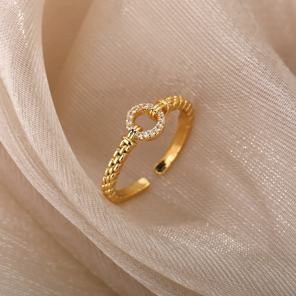 Zircon Round Rings For Women Punk Rock Chain Round Open Adjusted Stainless Steel Ring Accessories Jewelry Gift Bijoux Femme Vera Lux