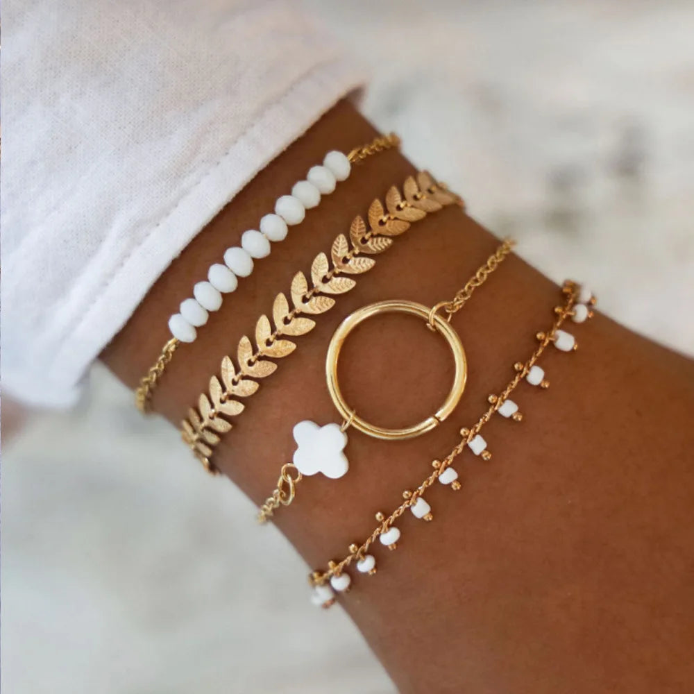 Fashion Geometric Stone Charm Bracelet Set For Women Retro Silver Color Moon Wrist Chain Open Bangle Lady Trendy Boho Jewelry Vera Lux