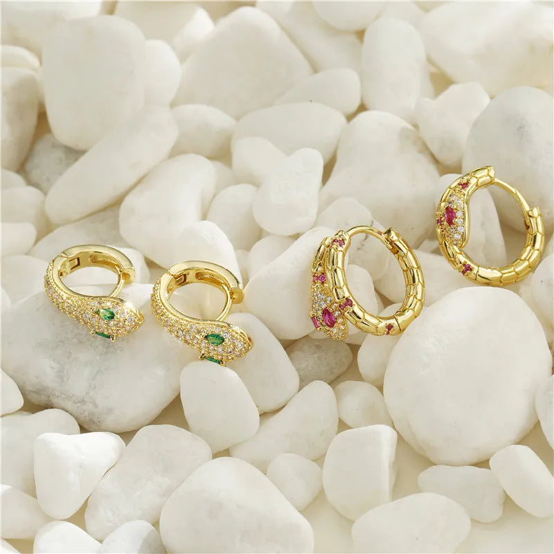 High Quality Colorful Crystal Zirconia Snake Earrings Punk Style Gold Color Small Hoop Earrings Jewelry Vera Lux