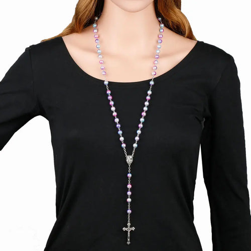 12 colors Religion Rosary necklace For Women Christian Virgin Mary Jesus Cross pendant Long beads chains Fashion Jewelry Gift Vera Lux
