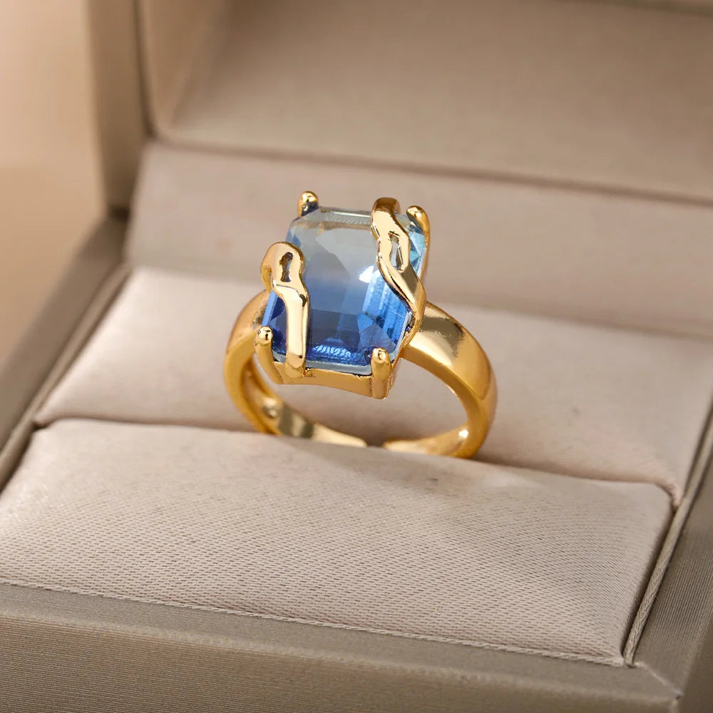 Minimalist Zircon Blue Crystal Stone Rings For Women Stainless Steel Cubic Zirconia Square Geometry Ring Party Jewelry Gift Vera Lux