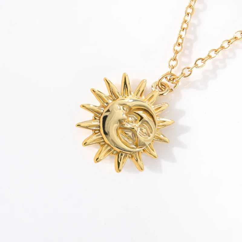 Bohemian Moon and Sun Face Pendant Necklaces Golden Minimalist Layered Coin Necklace For Women Men Jewelry Friendship Gift BFF Vera Lux