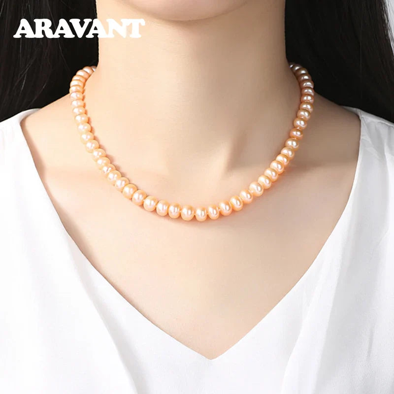 Aravant 925 Silver 8MM Freshwater Pearl Necklace Chain For Women Fashion Jewelry Vera Lux