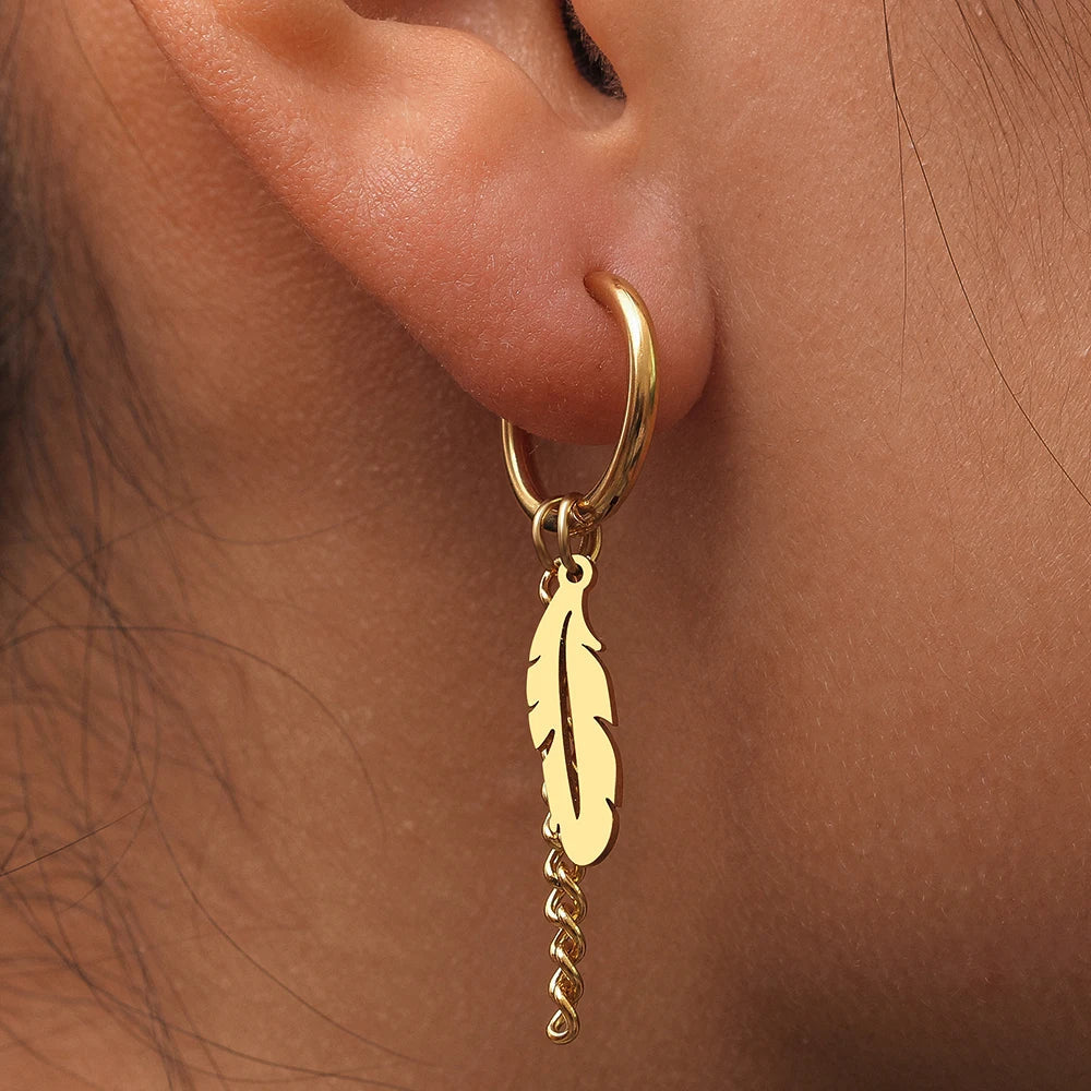 Stainless Steel Earrings Fashion Unisex Punk Gothic Feather Chain Hip Hop Pendants Gold Color Earrings For Women Jewelry Gifts Vera Lux