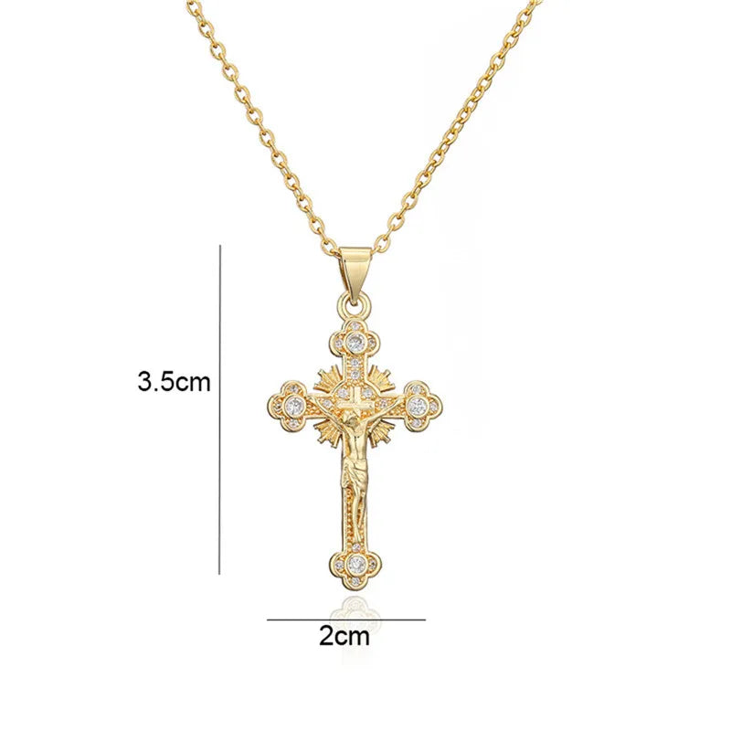 NEWBUY Gold Color Jesus Cross Pendant Stainless Steel Chain Necklace For Women Men Classic Design Christain Jewelry Gift Vera Lux