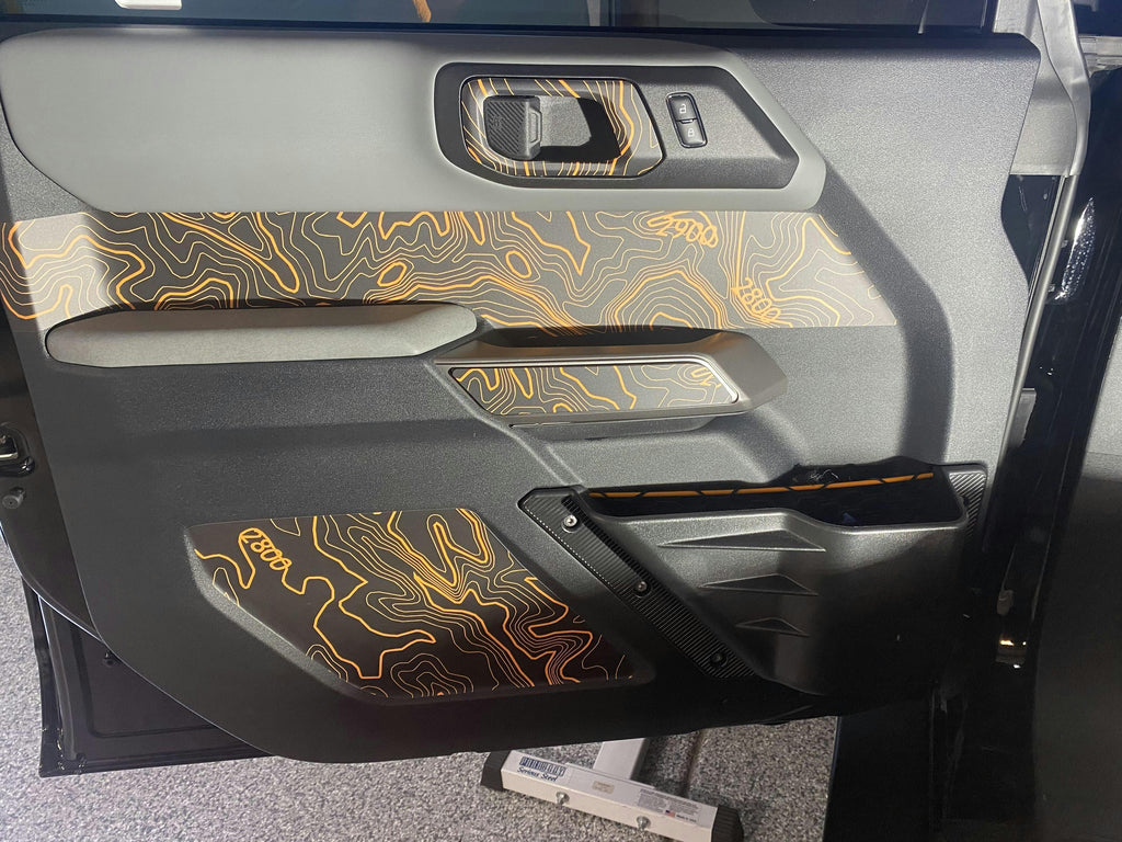 Topo Front Interior Upper Door Card Insert Overlays (Printed Series) - 2021+ Bronco 4 Door StickerFab