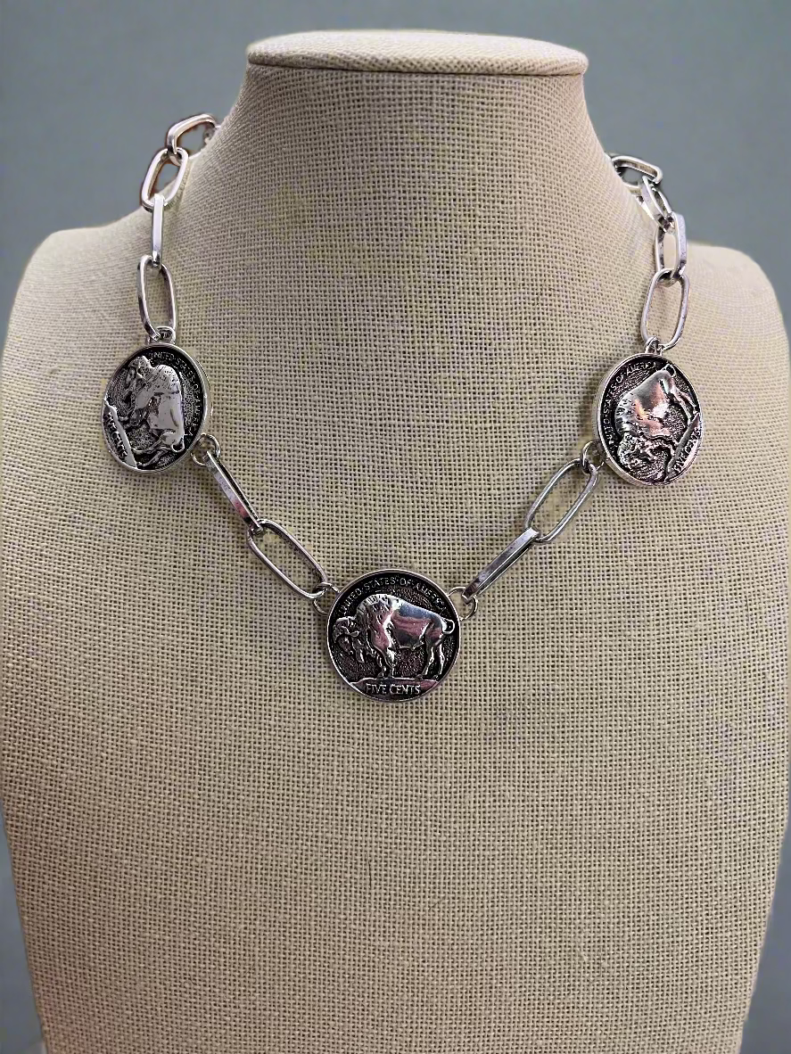 Western Rustic Buffalo Coin Choker & Earring Set — Burnished Silver Western Jewelry Duo Cowhide and Conchos