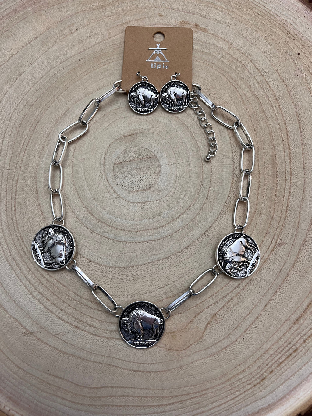 Western Rustic Buffalo Coin Choker & Earring Set — Burnished Silver Western Jewelry Duo Cowhide and Conchos