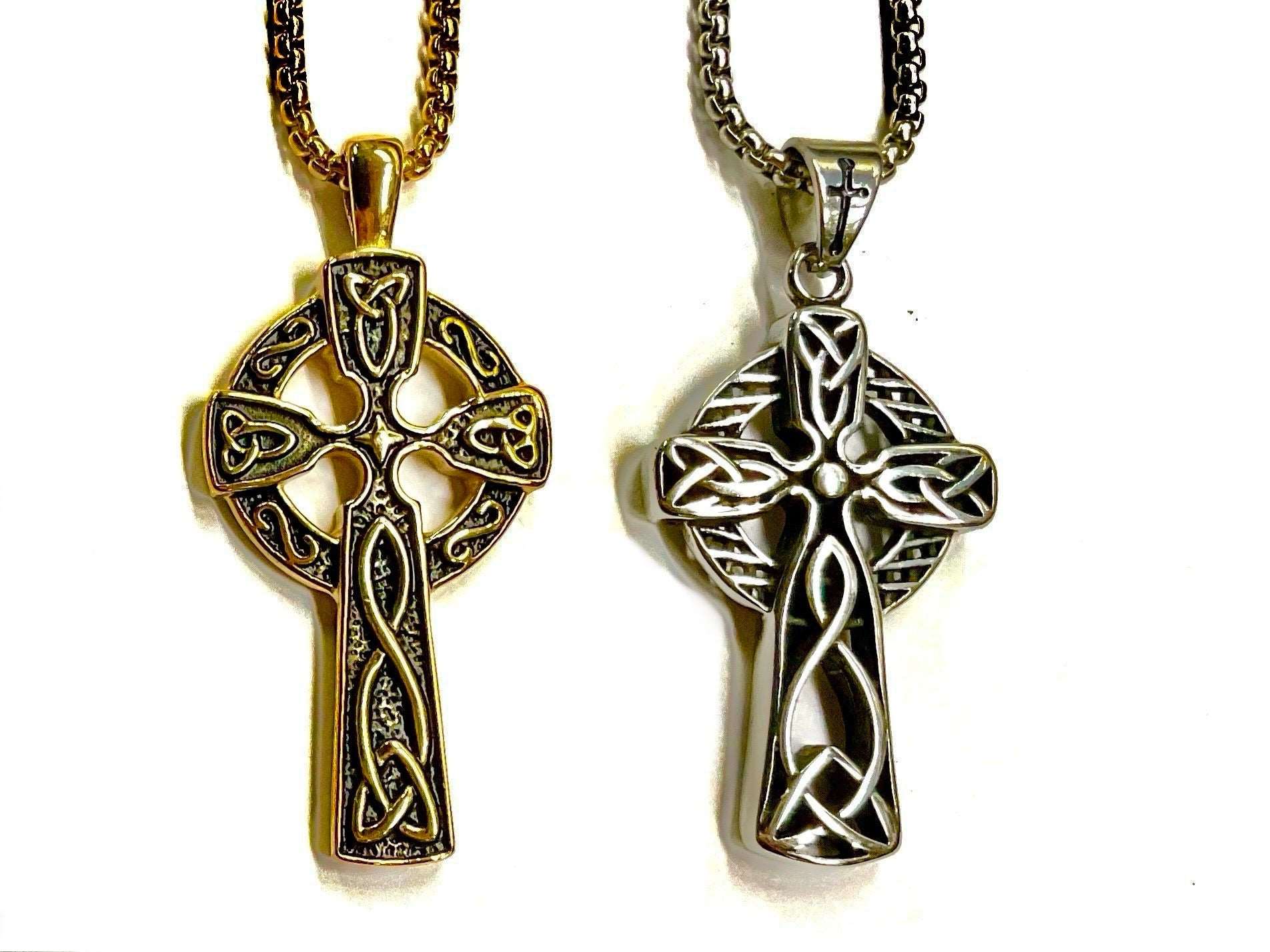 Celtic Cross Mens Necklace Irish Knot Crucifix Waterproof Super Thick Cast Large Cross Vintage Filigree Viking Heavy Box Chain Jewelry Saint Michaels Jewelry