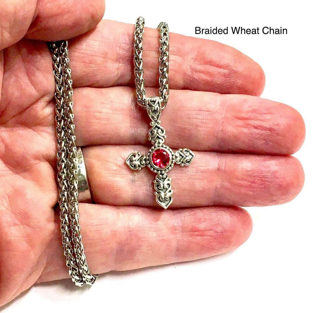 925 Solid Sterling Silver Red Ruby Cross Vintage Antique Necklace S925 Pendant for Women Cast Jewelry link Chain Jewellery for Girls Saint Michaels Jewelry