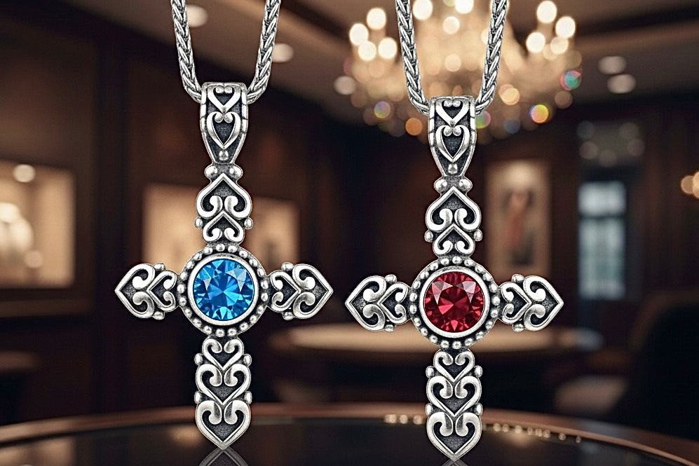 925 Solid Sterling Silver Red Ruby Cross Vintage Antique Necklace S925 Pendant for Women Cast Jewelry link Chain Jewellery for Girls Saint Michaels Jewelry