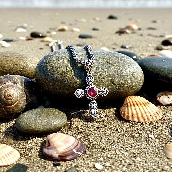 925 Solid Sterling Silver Red Ruby Cross Vintage Antique Necklace S925 Pendant for Women Cast Jewelry link Chain Jewellery for Girls Saint Michaels Jewelry