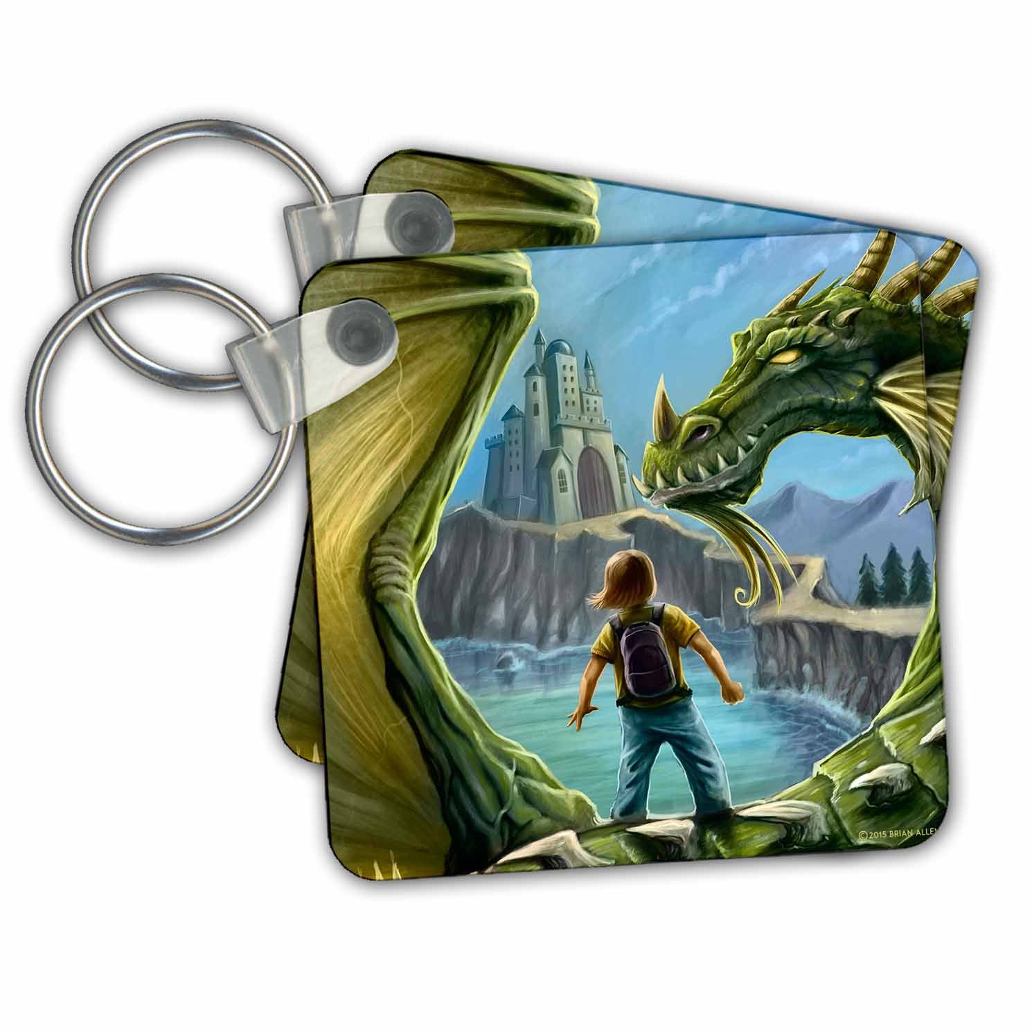 Key Chains Magical Mystical Dragon with a boy on his back going to school (kc-252434-1) 3dRose