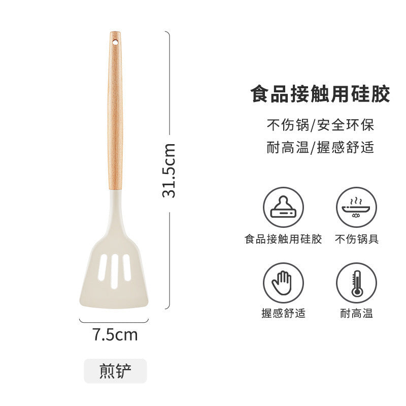 Wooden Handle Silicone Kitchen Utensils Household High Temperature Resistant Spatula Soup Spoon Non-Stick Pan Special Cooking Spatula Spatula Set Whatever the Treasure