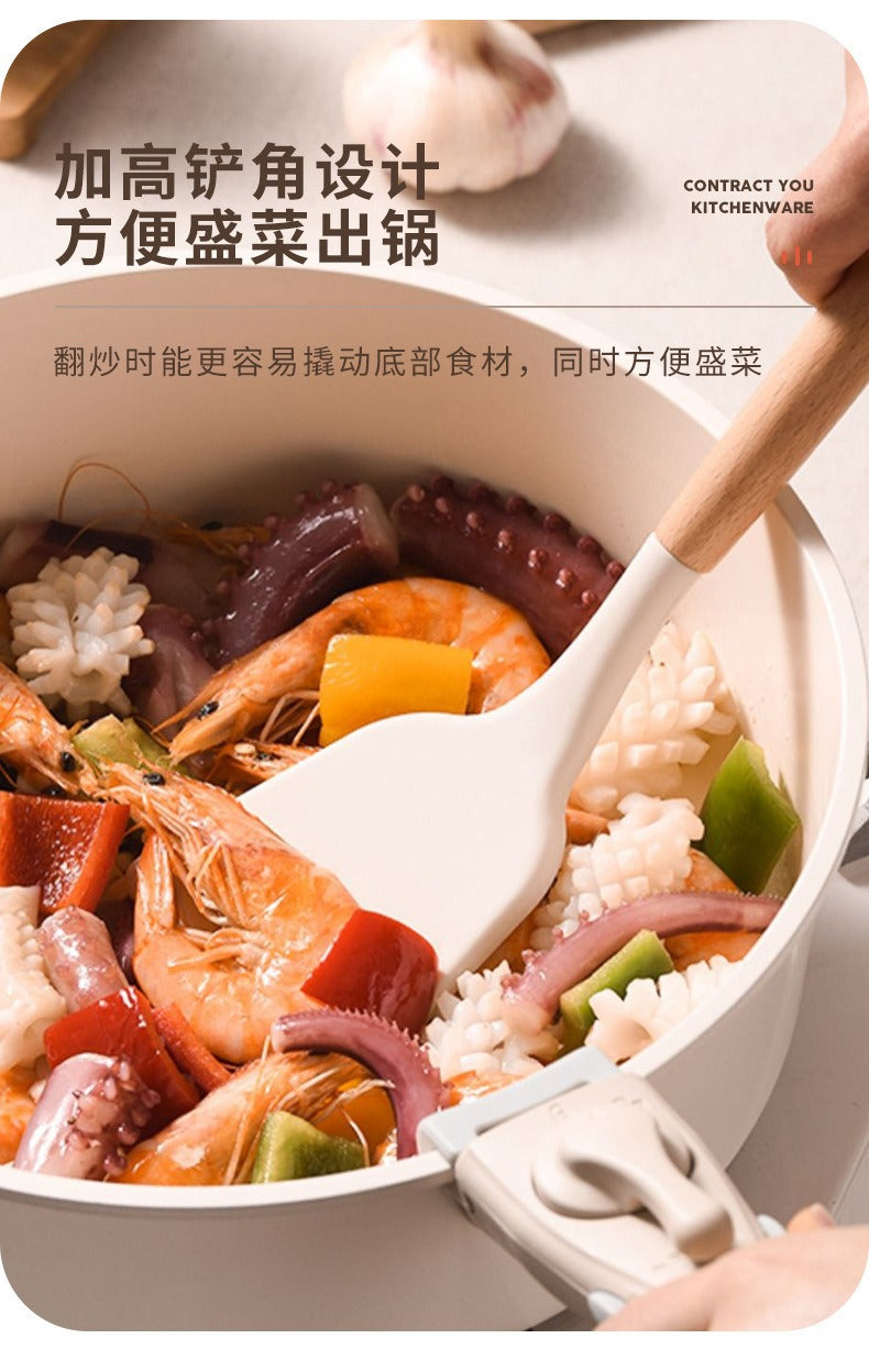 Wooden Handle Silicone Kitchen Utensils Household High Temperature Resistant Spatula Soup Spoon Non-Stick Pan Special Cooking Spatula Spatula Set Whatever the Treasure