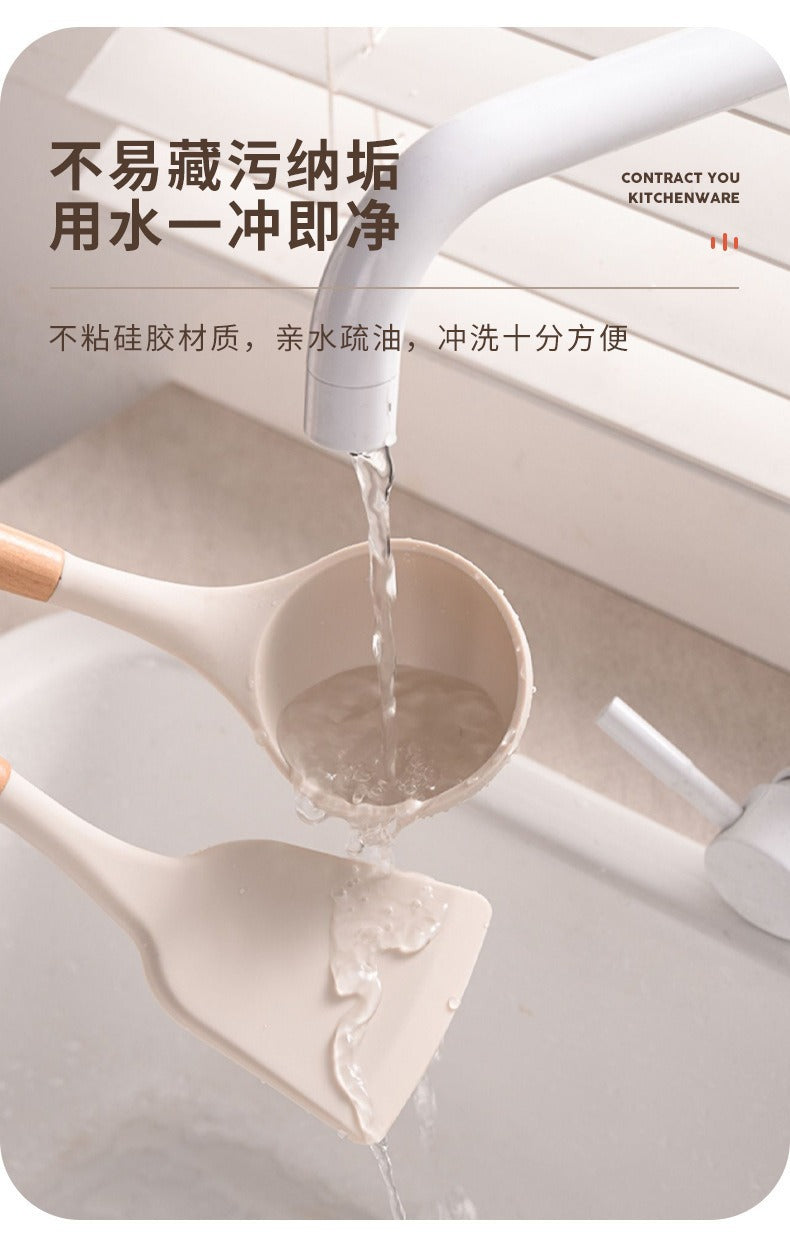 Wooden Handle Silicone Kitchen Utensils Household High Temperature Resistant Spatula Soup Spoon Non-Stick Pan Special Cooking Spatula Spatula Set Whatever the Treasure