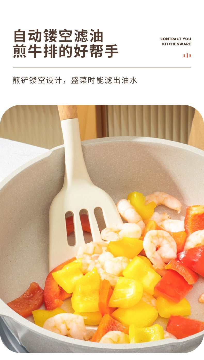 Wooden Handle Silicone Kitchen Utensils Household High Temperature Resistant Spatula Soup Spoon Non-Stick Pan Special Cooking Spatula Spatula Set Whatever the Treasure