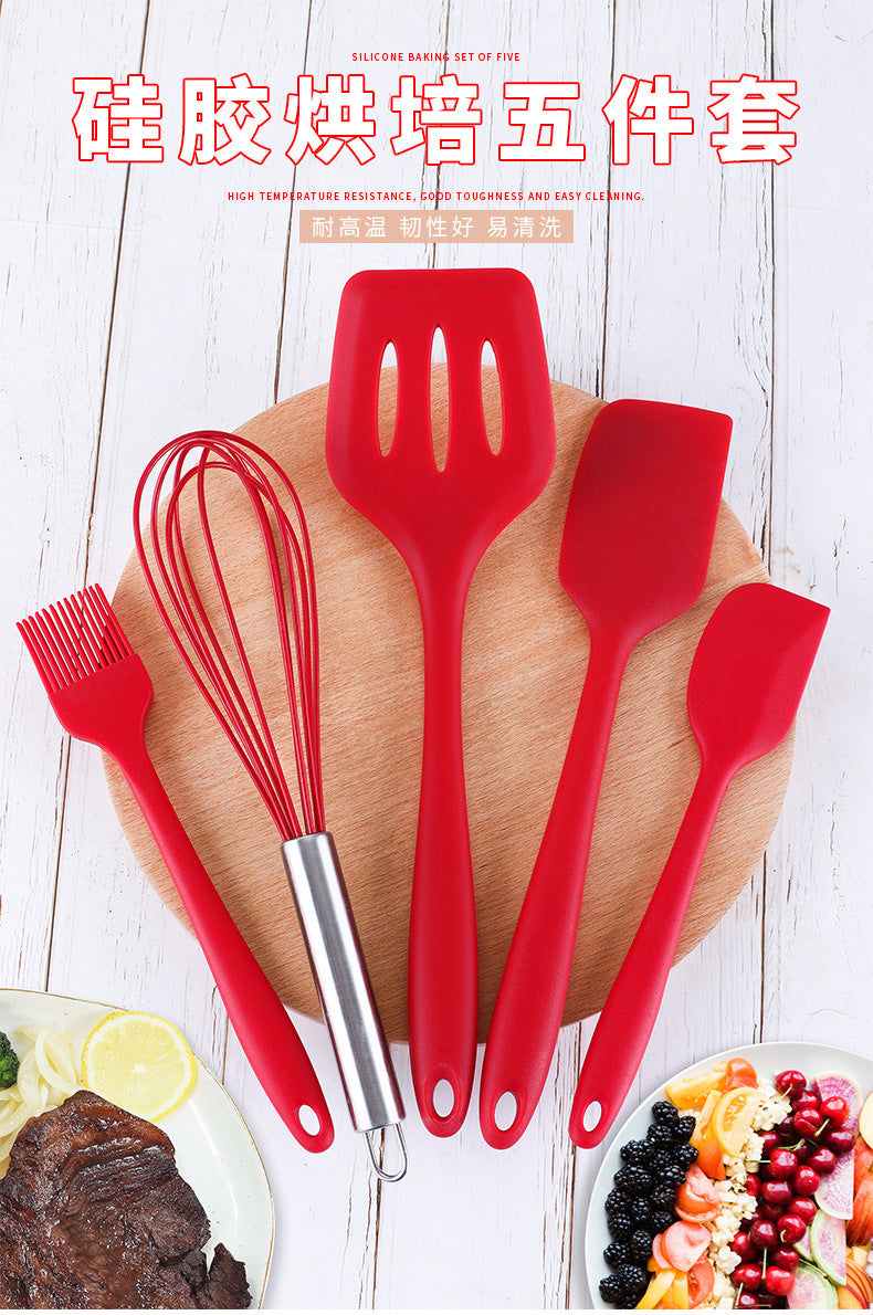 Cross-Border Kitchen Silicone Spatula Brush Egg Beater Silicone Kitchen Utensils 5-Piece Set Cooking Set Baking Tools Whatever the Treasure