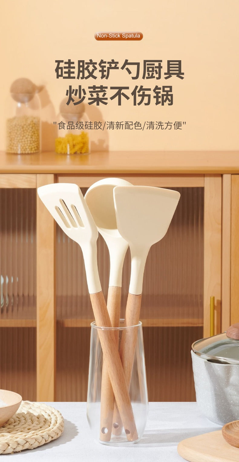 Wooden Handle Silicone Kitchen Utensils Household High Temperature Resistant Spatula Soup Spoon Non-Stick Pan Special Cooking Spatula Spatula Set Whatever the Treasure