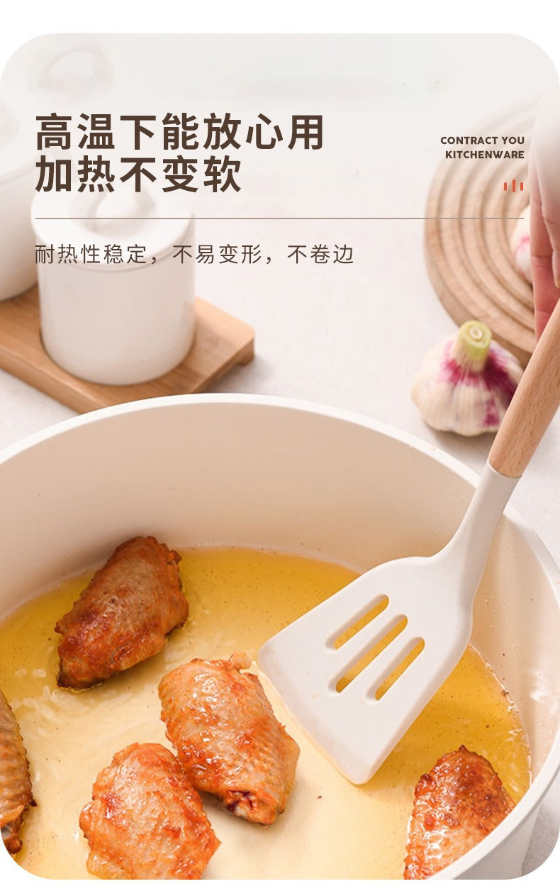 Wooden Handle Silicone Kitchen Utensils Household High Temperature Resistant Spatula Soup Spoon Non-Stick Pan Special Cooking Spatula Spatula Set Whatever the Treasure