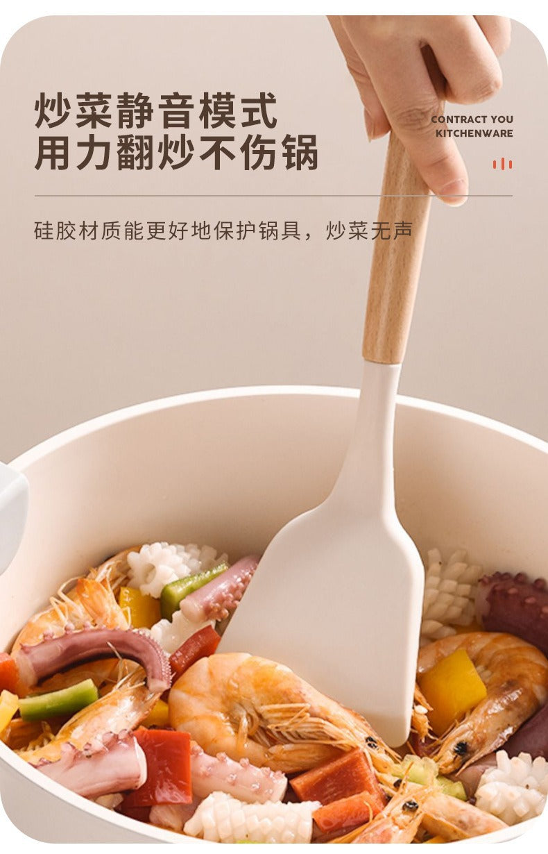 Wooden Handle Silicone Kitchen Utensils Household High Temperature Resistant Spatula Soup Spoon Non-Stick Pan Special Cooking Spatula Spatula Set Whatever the Treasure