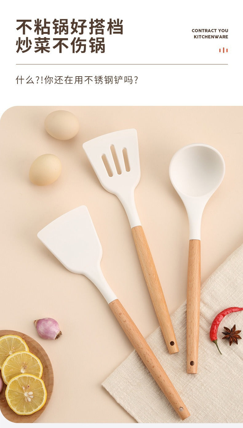 Wooden Handle Silicone Kitchen Utensils Household High Temperature Resistant Spatula Soup Spoon Non-Stick Pan Special Cooking Spatula Spatula Set Whatever the Treasure