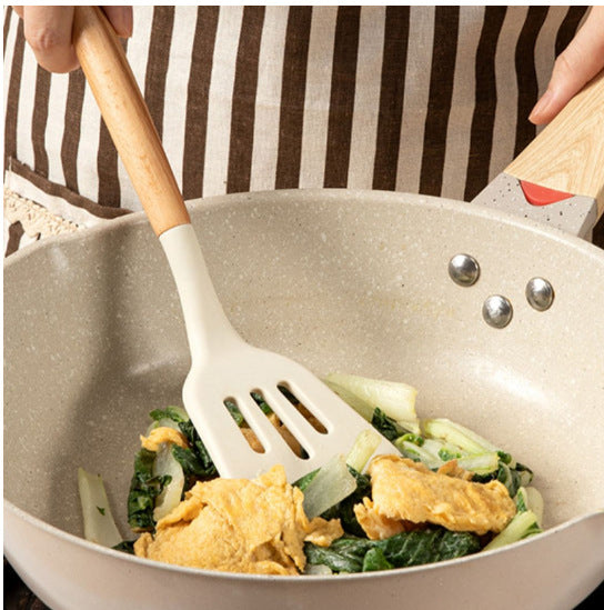 Wooden Handle Silicone Kitchen Utensils Household High Temperature Resistant Spatula Soup Spoon Non-Stick Pan Special Cooking Spatula Spatula Set Whatever the Treasure
