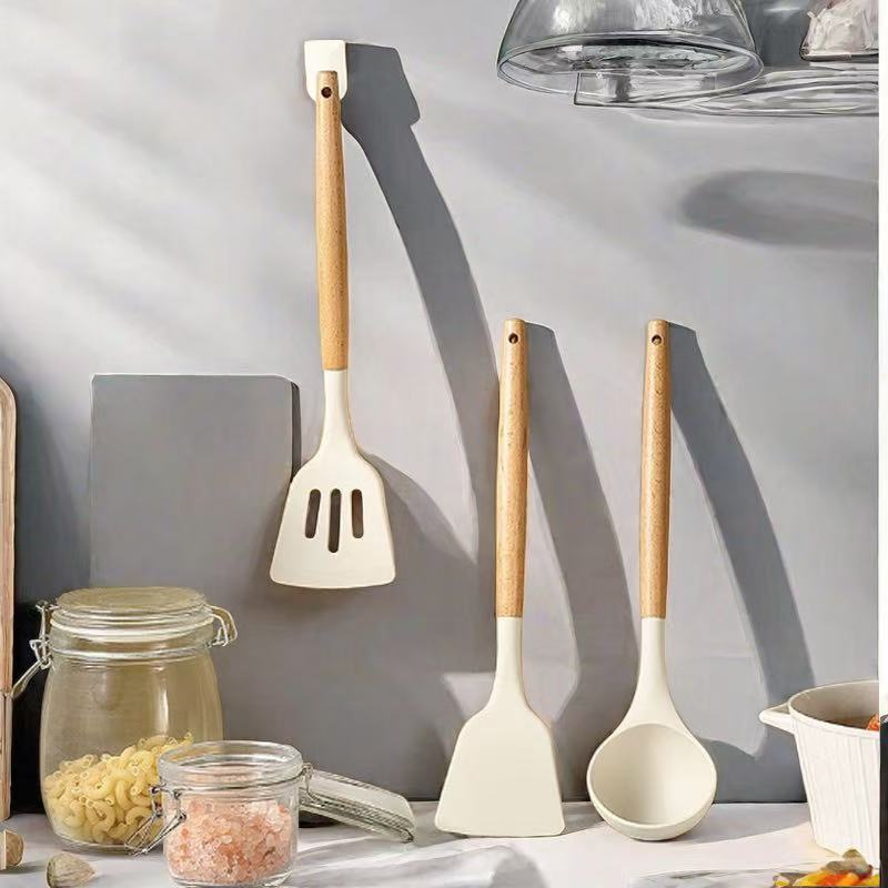Wooden Handle Silicone Kitchen Utensils Household High Temperature Resistant Spatula Soup Spoon Non-Stick Pan Special Cooking Spatula Spatula Set Whatever the Treasure