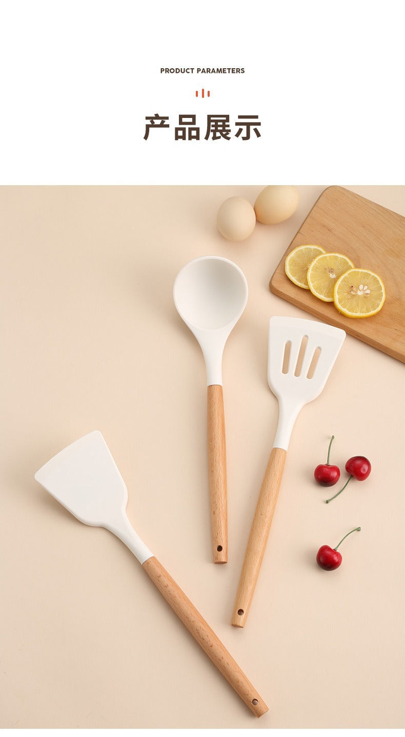 Wooden Handle Silicone Kitchen Utensils Household High Temperature Resistant Spatula Soup Spoon Non-Stick Pan Special Cooking Spatula Spatula Set Whatever the Treasure