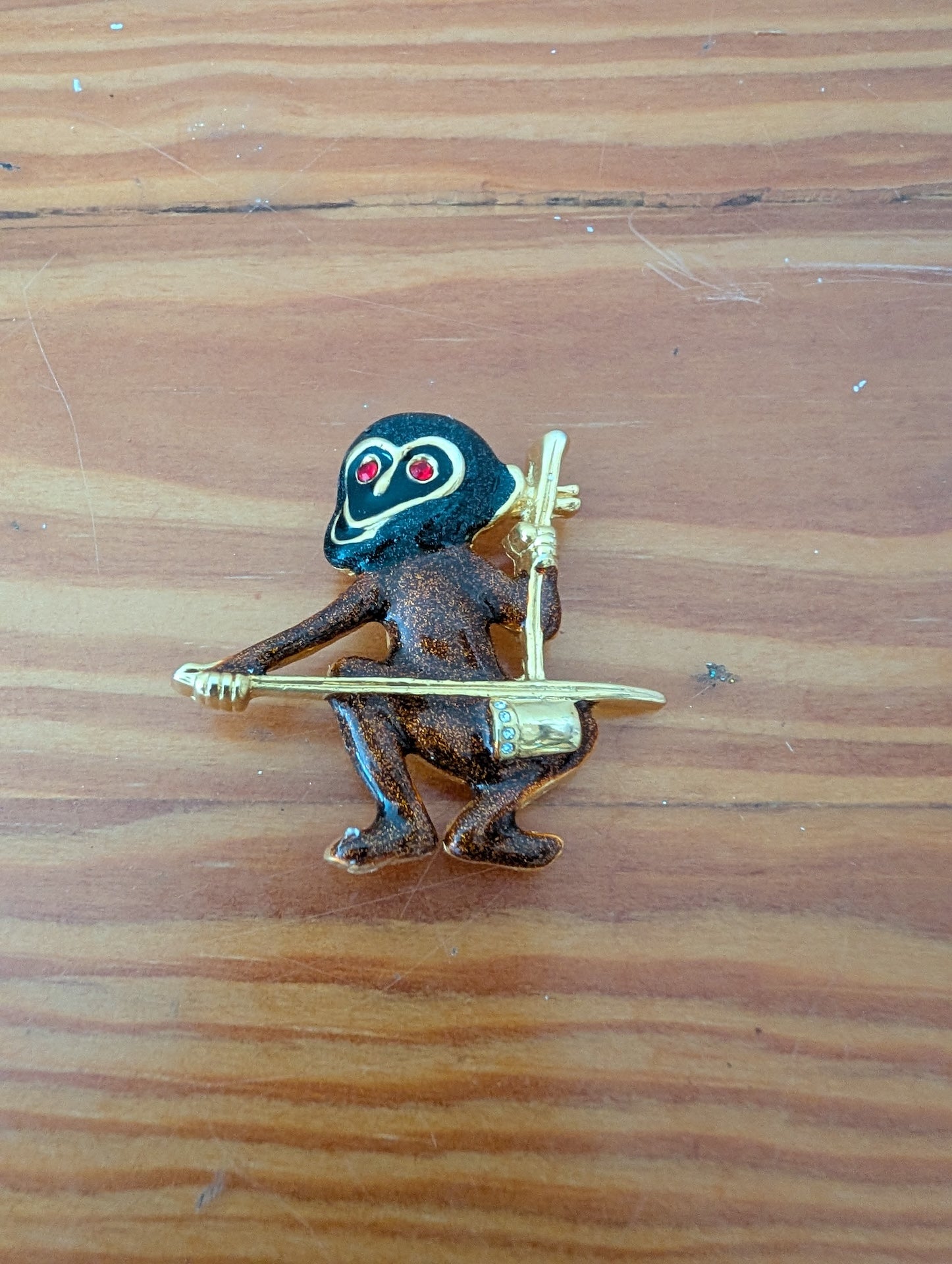 Glitter Monkey Brooch from Unbranded - 1980s Jewelry (Metal, Enamel, Rhinestone Brooch, Eclectic, Vintage, Novelty, Brown, Gold, Red) Merritt Island Curios