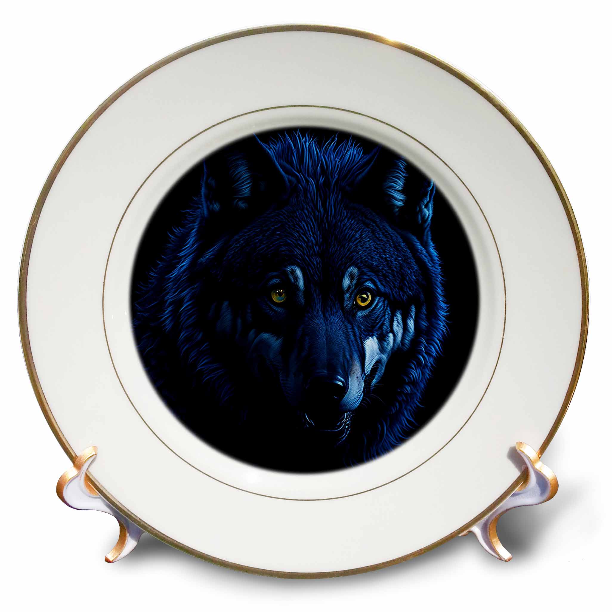 3dRose Mystical, magical wolf portrait. Yellow eyes. Dark blue, black gift - Plates (cp-379386) 3dRose